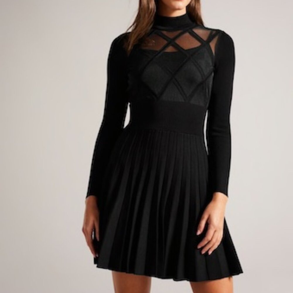 Fyonah Sheer Argyle Insert Pleated Skater Dress